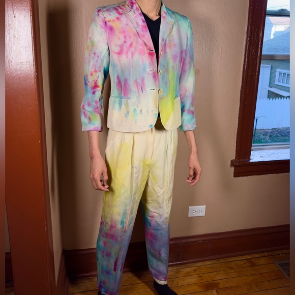Party Dyed Suit Vintage Painted Blazer Rainbow Boho Jacket Funky Y2K Pants Chic - Picture 14 of 16
